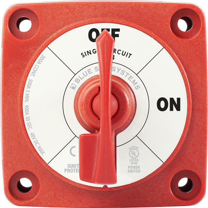 Blue Sea Systems Blue Sea 6004 single circuit ON-OFF switch with locking key in red, used for battery management systems.