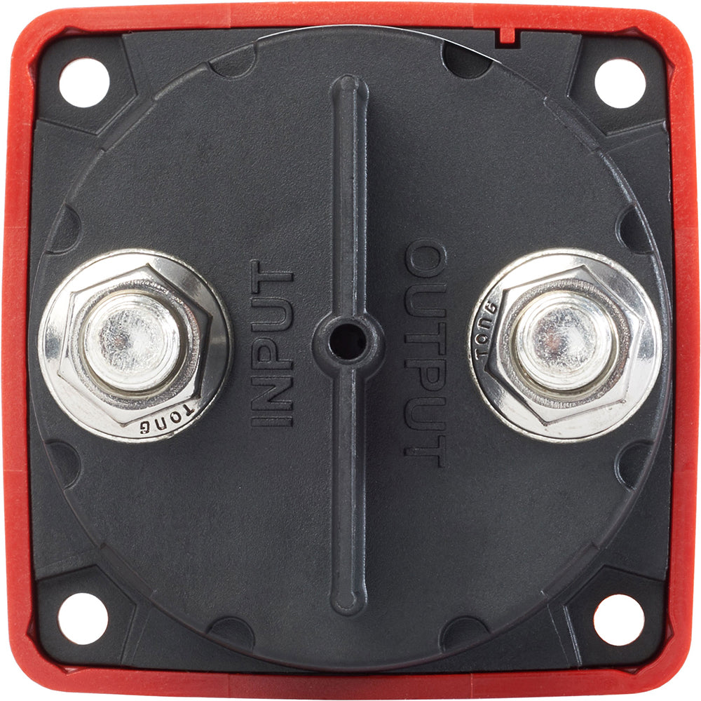 Blue Sea Systems Blue Sea 6004 single circuit battery management switch with red ON-OFF toggle and locking key.