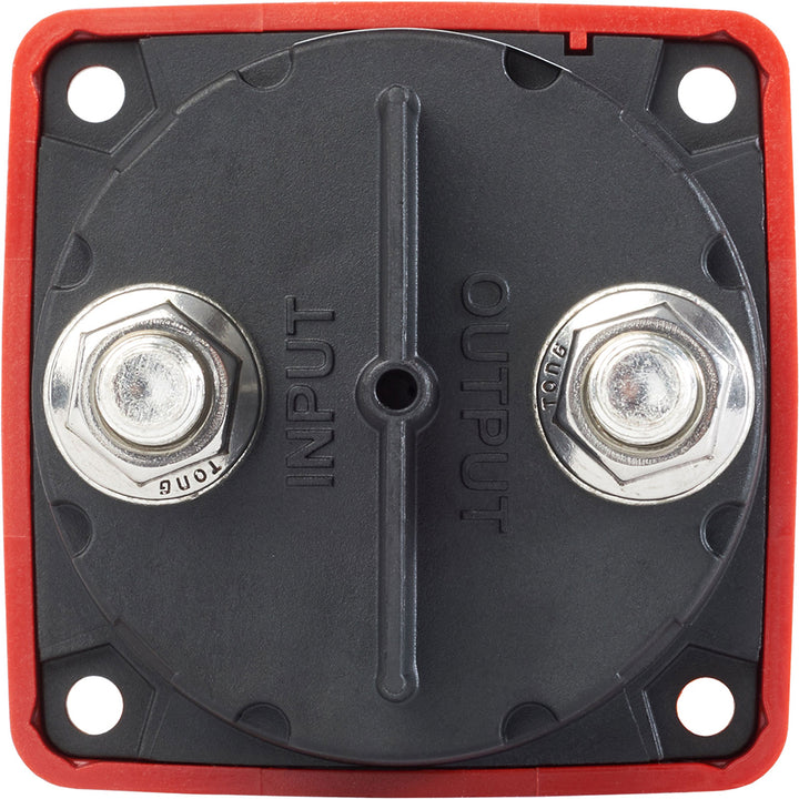 Blue Sea Systems Blue Sea 6004 single circuit battery management switch with red ON-OFF toggle and locking key.
