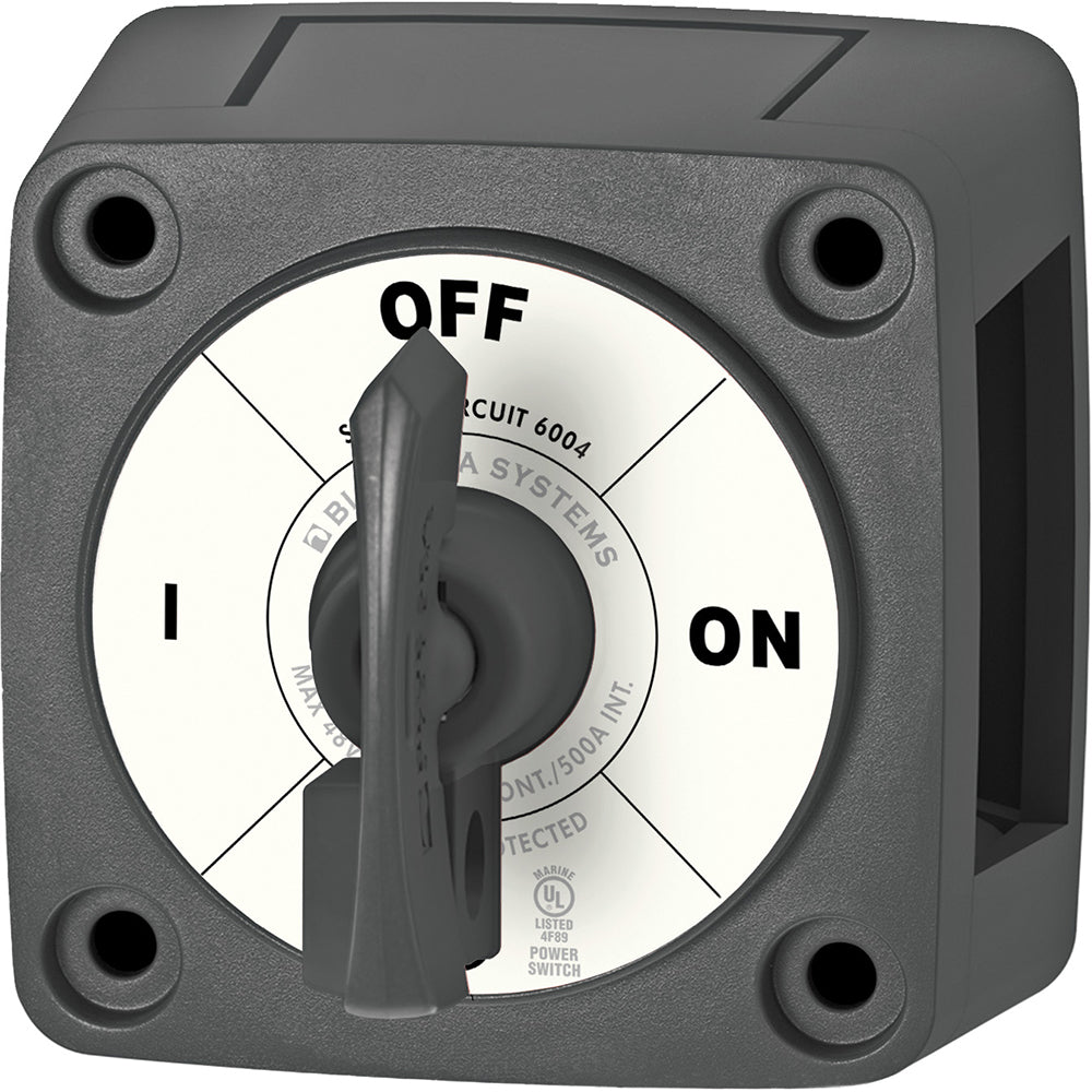Blue Sea Systems battery management switch with black ON-OFF toggle and locking key, single circuit for safe electrical control