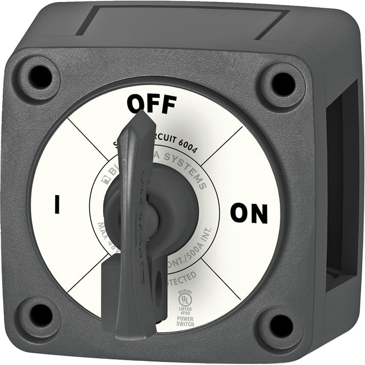 Blue Sea Systems battery management switch with black ON-OFF toggle and locking key, single circuit for safe electrical control