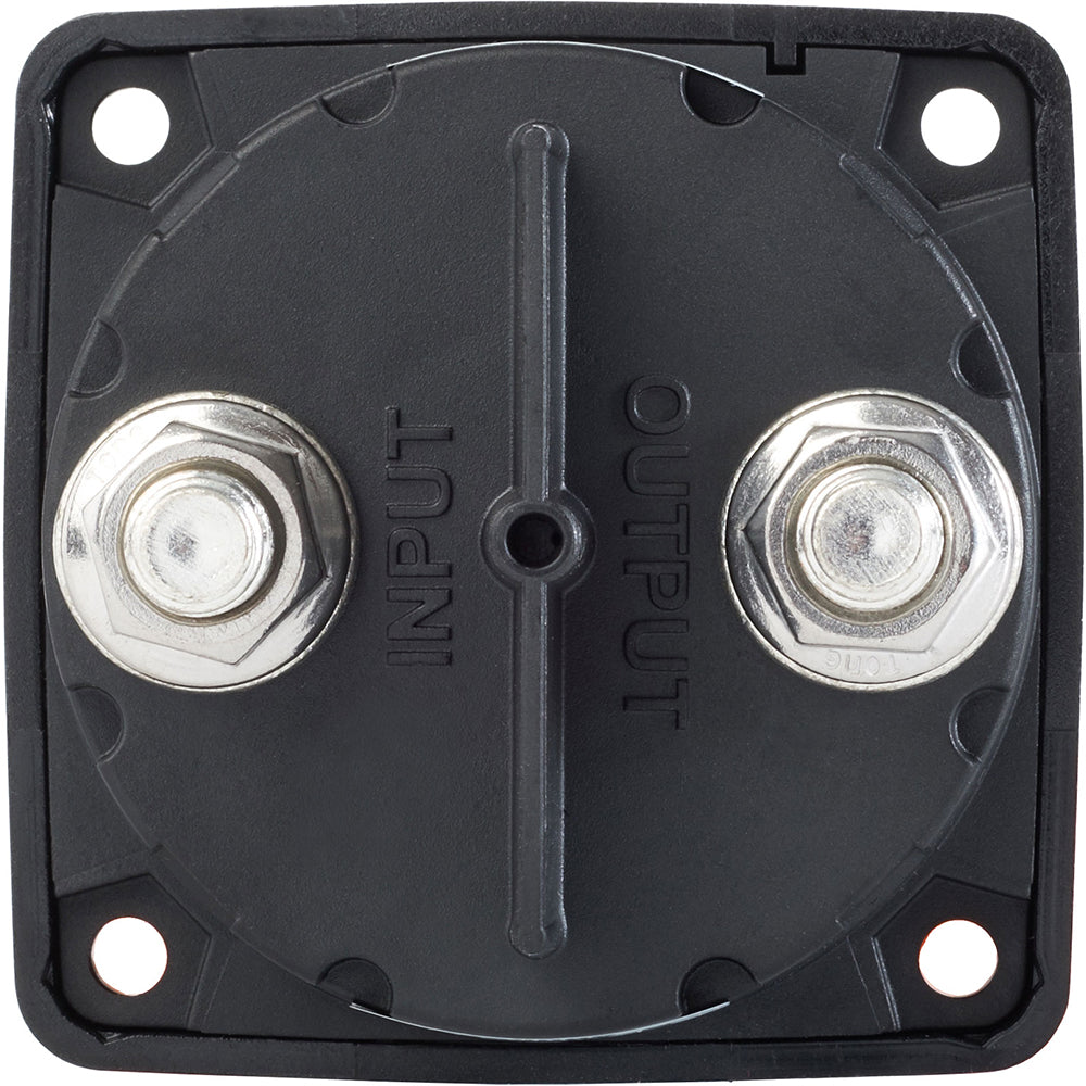 Blue Sea Systems battery management switch in black with locking key, single circuit ON-OFF control for marine or industrial batteries.