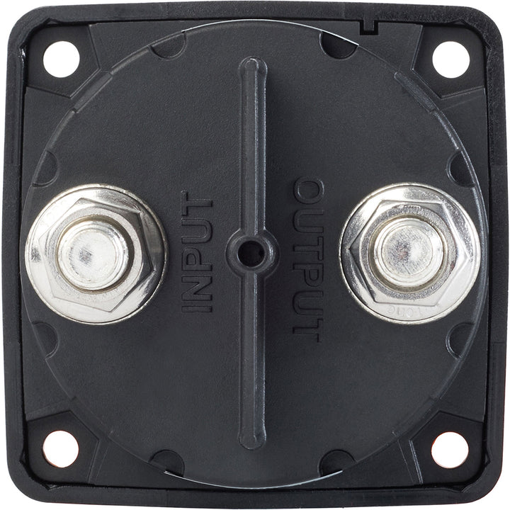 Blue Sea Systems battery management switch in black with locking key, single circuit ON-OFF control for marine or industrial batteries.