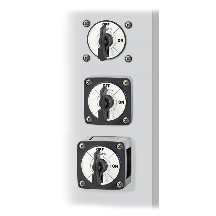 Blue Sea Systems single circuit ON-OFF battery management switch with locking key in black, designed for reliable power control.