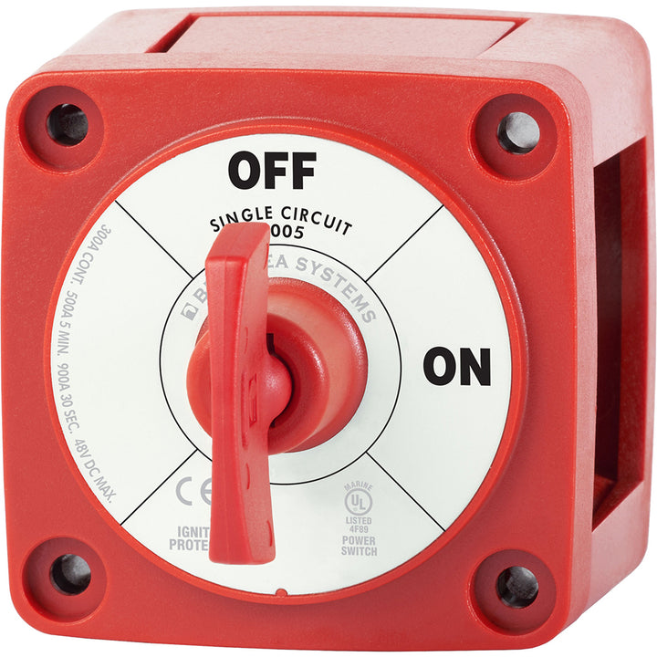 Blue Sea Systems Blue Sea 6005 M-Series Mini Battery Switch for single circuit ON/OFF control, used in battery management systems.