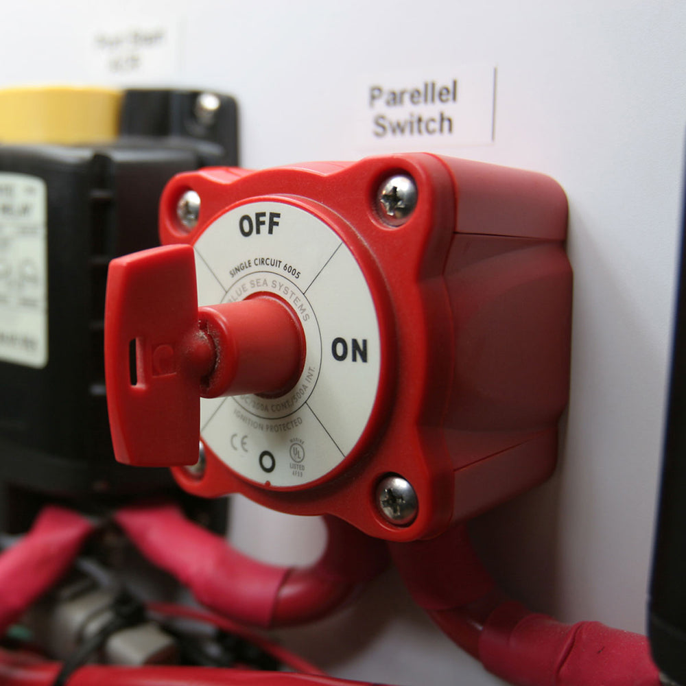 Blue Sea Systems 6005 M-Series Mini Battery Switch for single circuit ON/OFF, used in battery management systems.