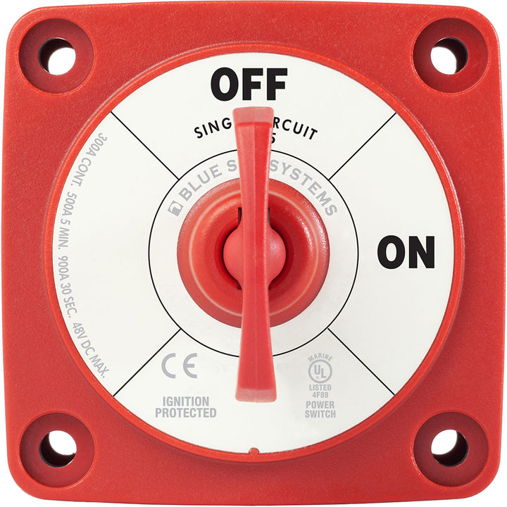 Blue Sea Systems 6005 M-Series Mini Battery Switch, single circuit ON/OFF, for battery management in marine or RV applications.