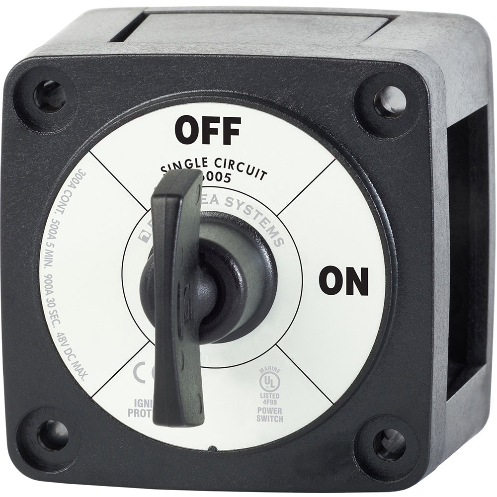 Blue Sea Systems 6005200 single circuit battery switch in black for battery management, with ON and OFF positions.