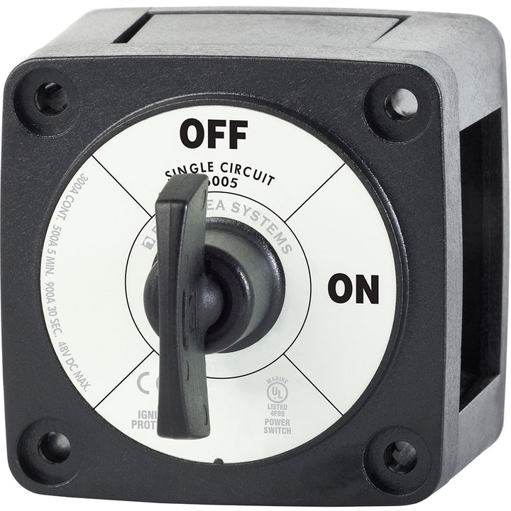 Blue Sea Systems 6005200 single circuit battery switch in black for battery management, with ON and OFF positions.