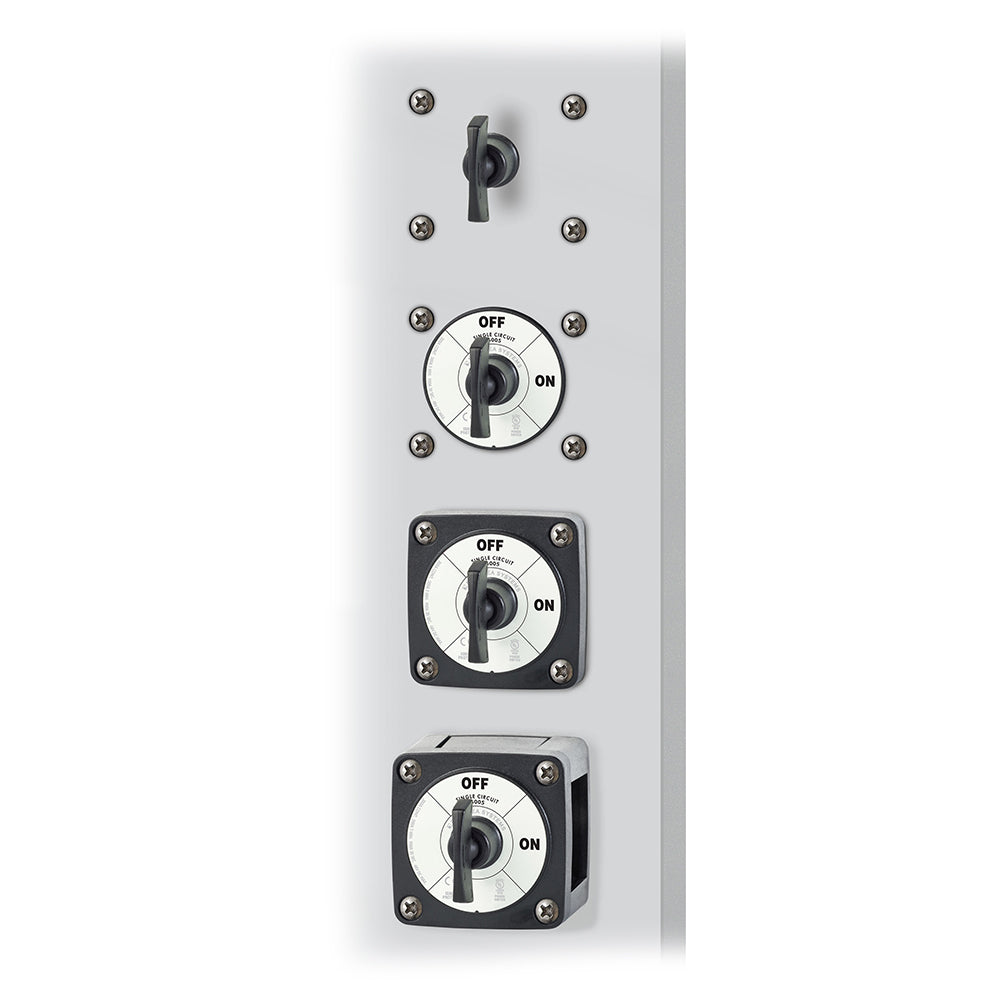 Blue Sea Systems 6005200 battery switch in black, single circuit ON-OFF switch for battery management system, visible in the image.