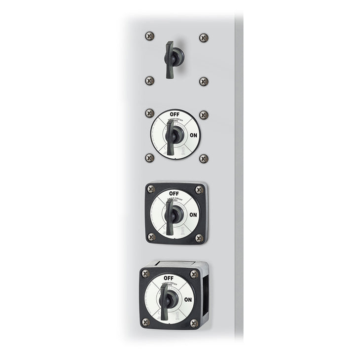 Blue Sea Systems 6005200 battery switch in black, single circuit ON-OFF switch for battery management system, visible in the image.
