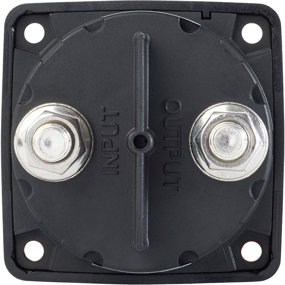 Blue Sea Systems 6005200 battery switch in black, single circuit ON-OFF switch for battery management, shown in a clean design.