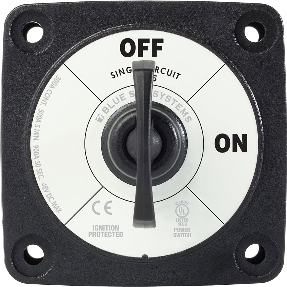 Blue Sea Systems 6005200 black single circuit ON-OFF battery switch for marine and vehicle power management, visible with black handle and switch.