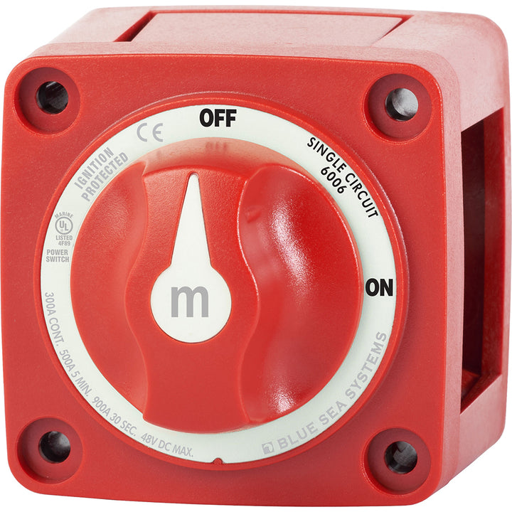 Blue Sea Systems 6006 M-Series Mini Battery Switch in red for single circuit ON/OFF control, used in battery management systems.