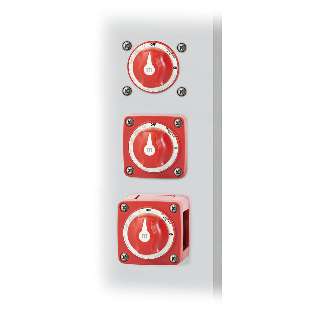 Blue Sea Systems 6006 M-Series Mini Battery Switch in red, single circuit ON/OFF switch for battery management, blue and red color.