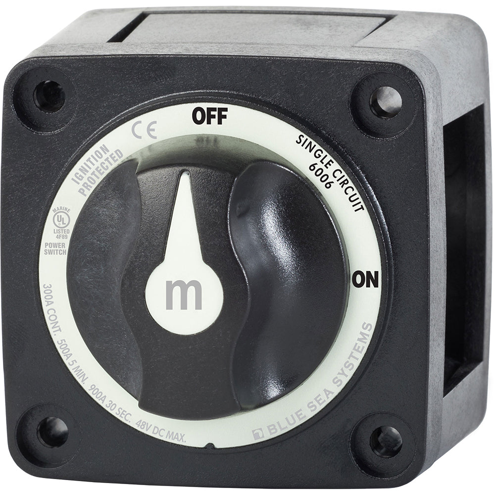 Blue Sea Systems Mini ON/OFF Battery Switch in black, used for battery management and power control in marine and RV applications.