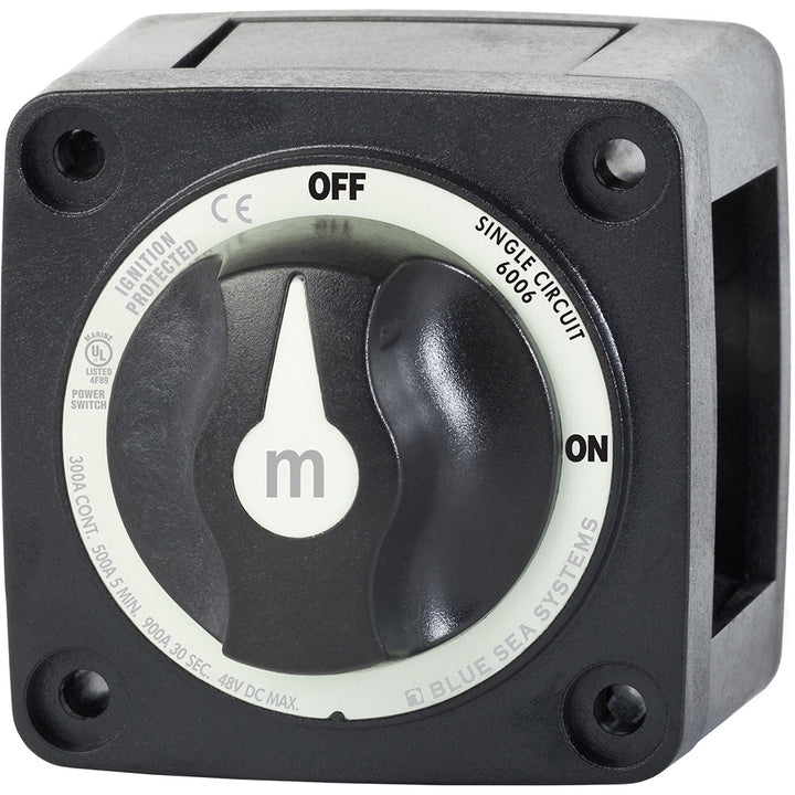 Blue Sea Systems Mini ON/OFF Battery Switch in black, used for battery management and power control in marine and RV applications.