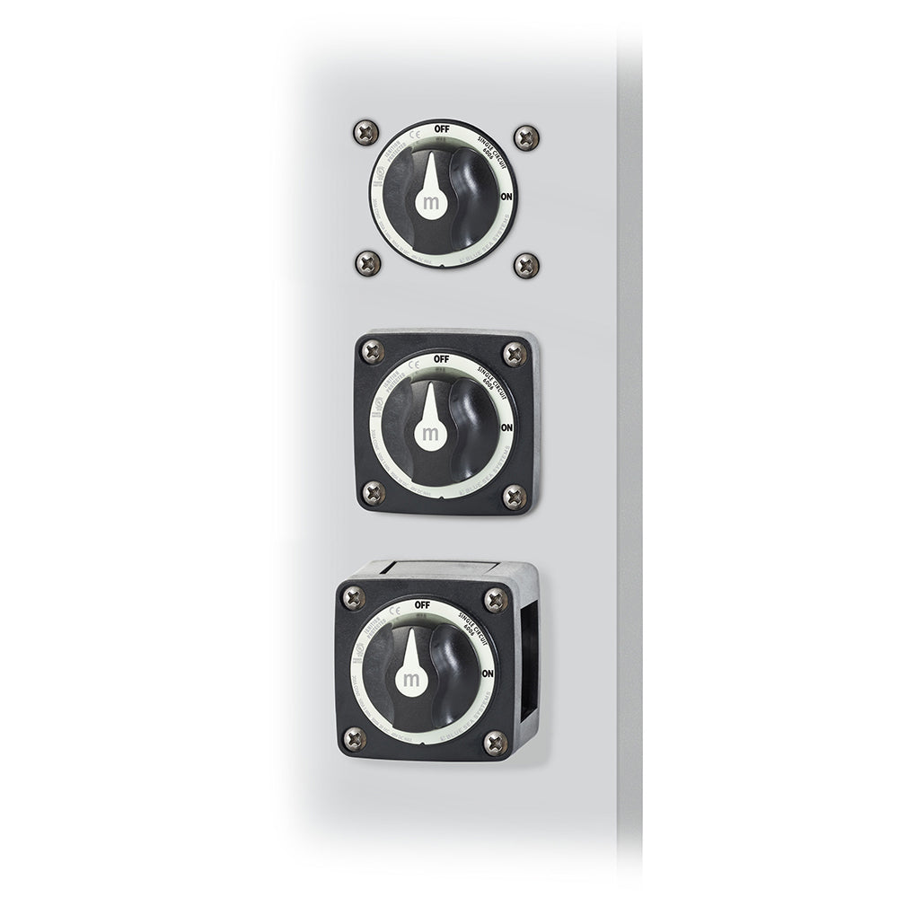 Blue Sea Systems mini ON/OFF battery switch in black, used for battery management and power control.