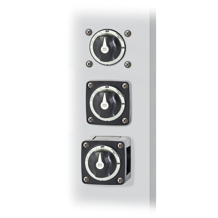Blue Sea Systems mini ON/OFF battery switch in black, used for battery management and power control.