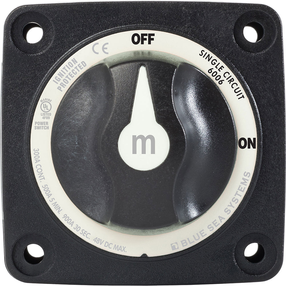 Blue Sea Systems 6006200 Mini ON/OFF Battery Switch in black, used for battery management and electrical system control.
