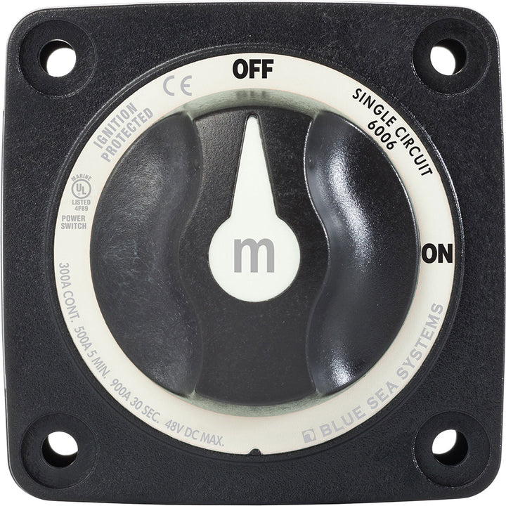 Blue Sea Systems 6006200 Mini ON/OFF Battery Switch in black, used for battery management and electrical system control.