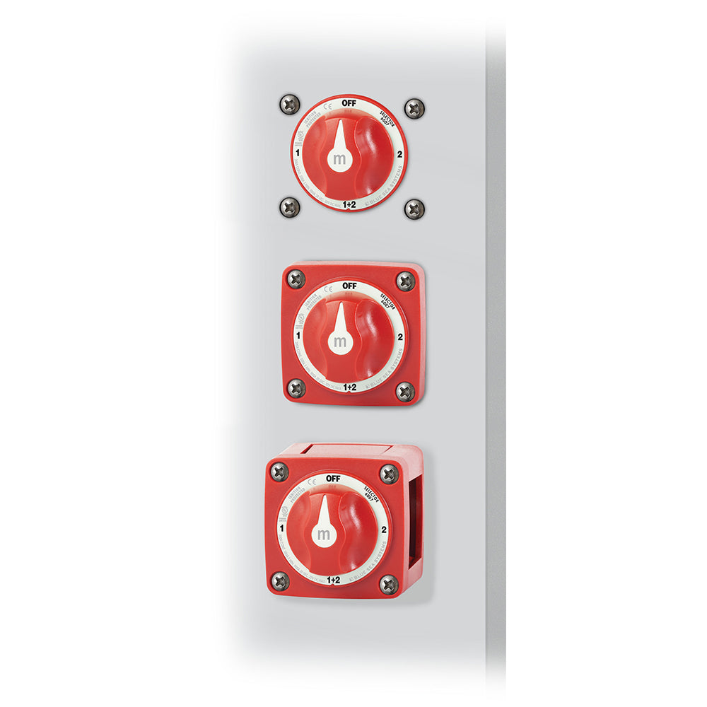 Blue Sea Systems 6007 M-Series Mini Battery Switch Selector in red, four-position marine battery management switch.