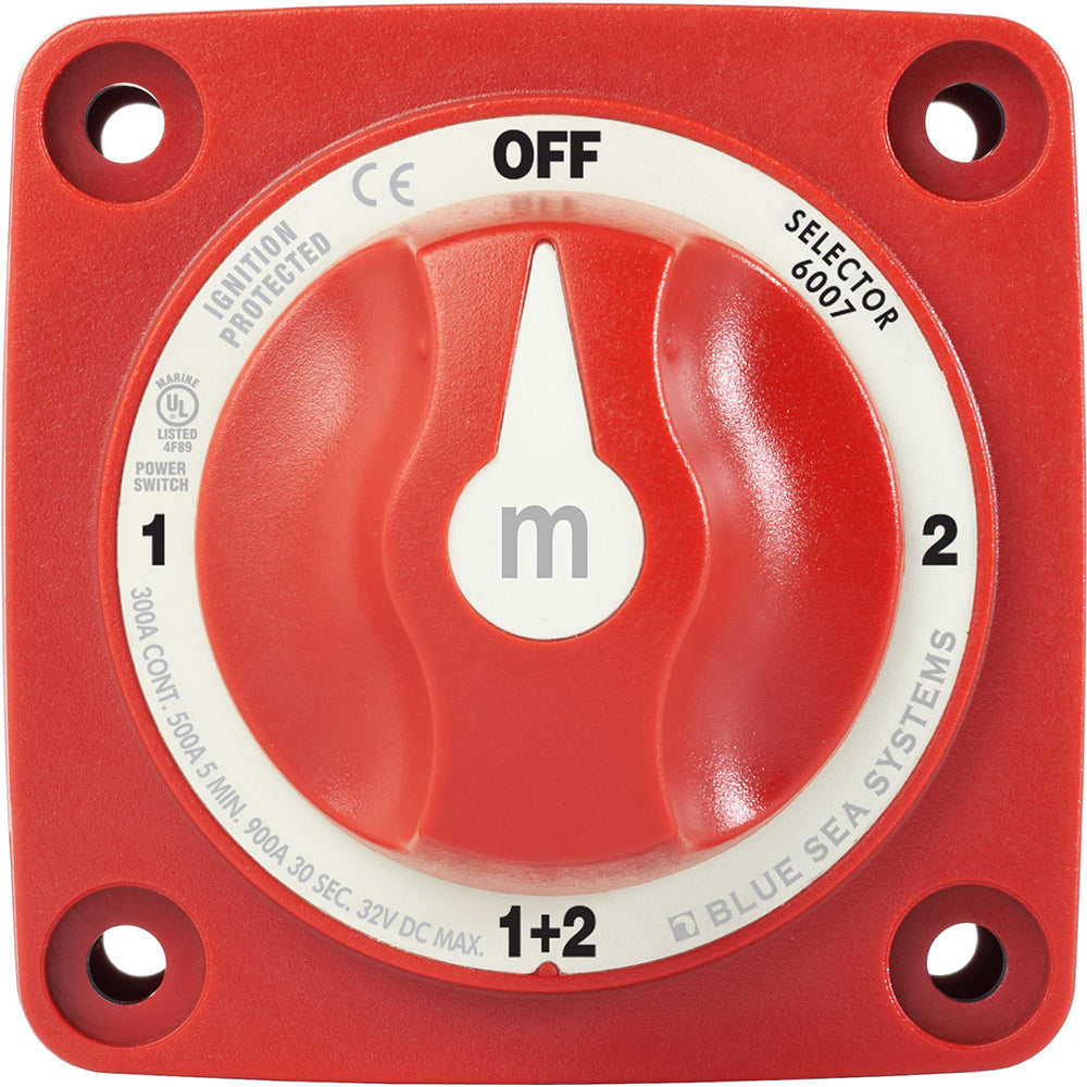 Blue Sea Systems 6007 M-Series Mini Battery Switch Selector in red with four positions, used for battery management.