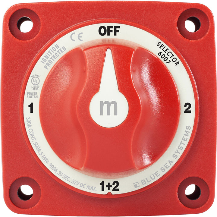 Blue Sea Systems 6007 M-Series Mini Battery Switch Selector in red with four positions, used for battery management.