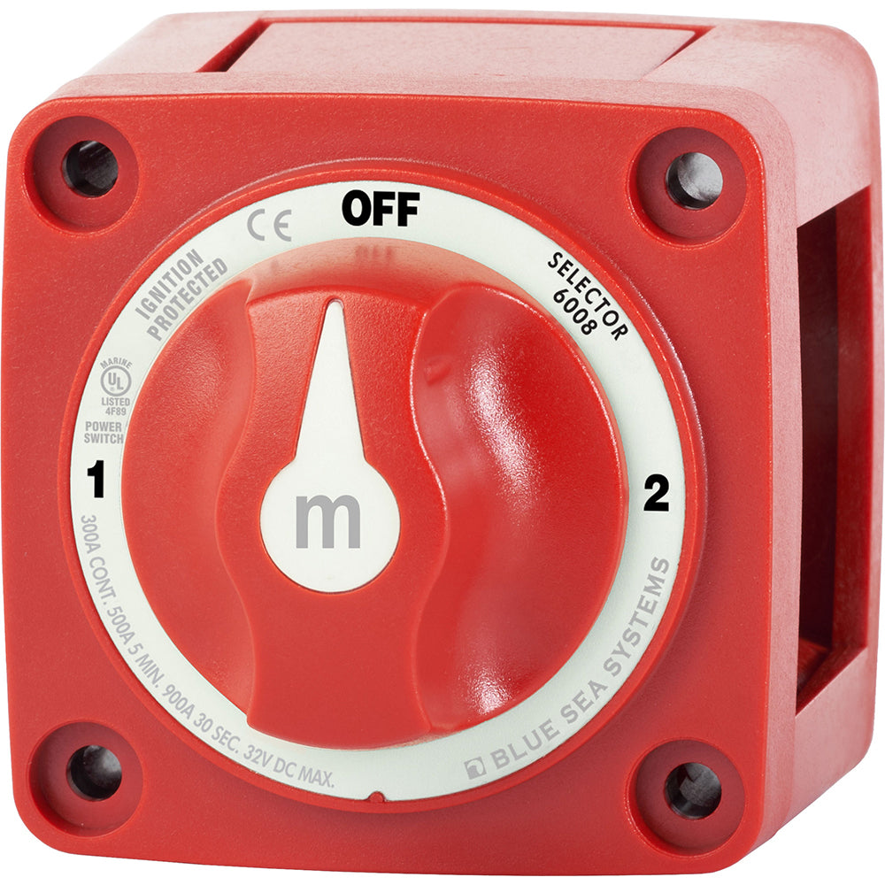Blue Sea Systems Blue Sea 6008 M-Series 3-Position Battery Switch in red for battery management and control.