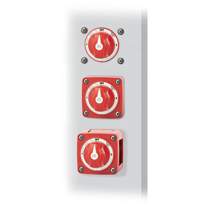 Blue Sea Systems 6008 M-Series 3-Position Battery Switch in red, used for battery management and switching applications.
