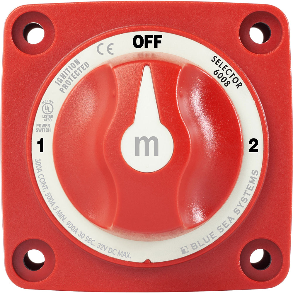 Blue Sea Systems Blue Sea 6008 M-Series 3-Position Battery Switch in red for battery management and power control.
