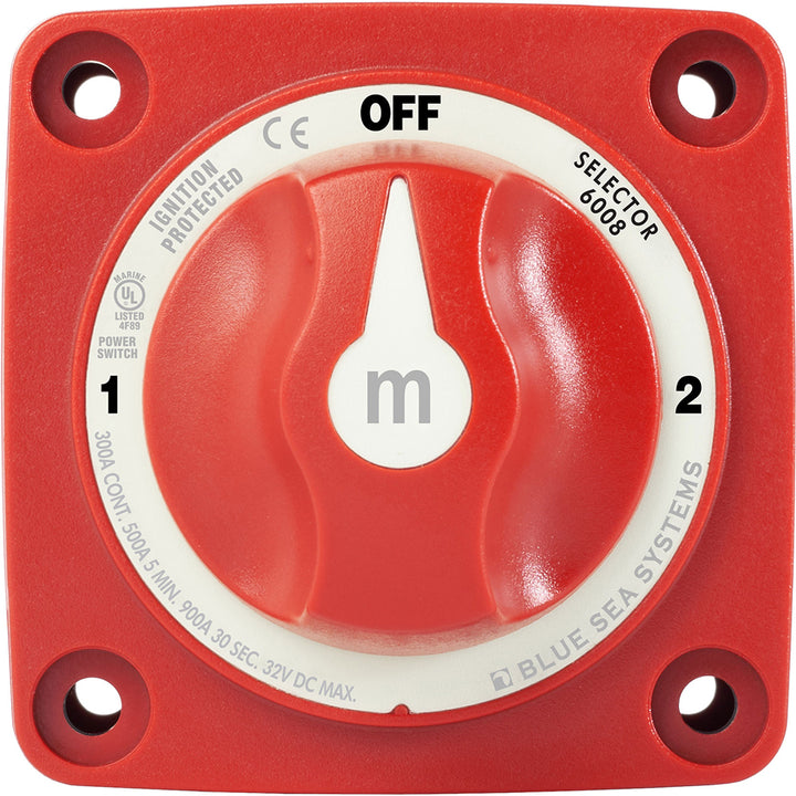 Blue Sea Systems Blue Sea 6008 M-Series 3-Position Battery Switch in red for battery management and power control.