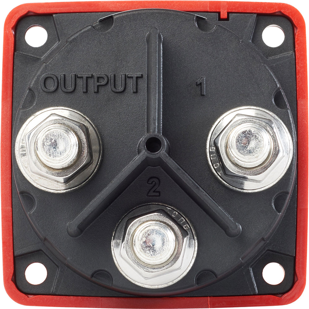Blue Sea 6008 M-Series 3-Position Battery Switch in red for battery management, featuring durable construction and clear position indicators.