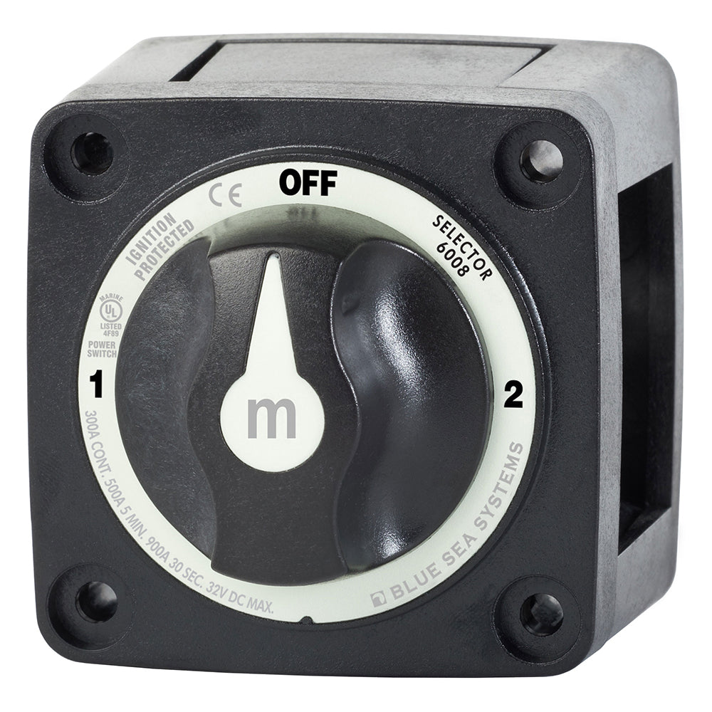 Blue Sea Systems 6008200 m-Series 3-Position Battery Switch in black, used for battery management and switch control.