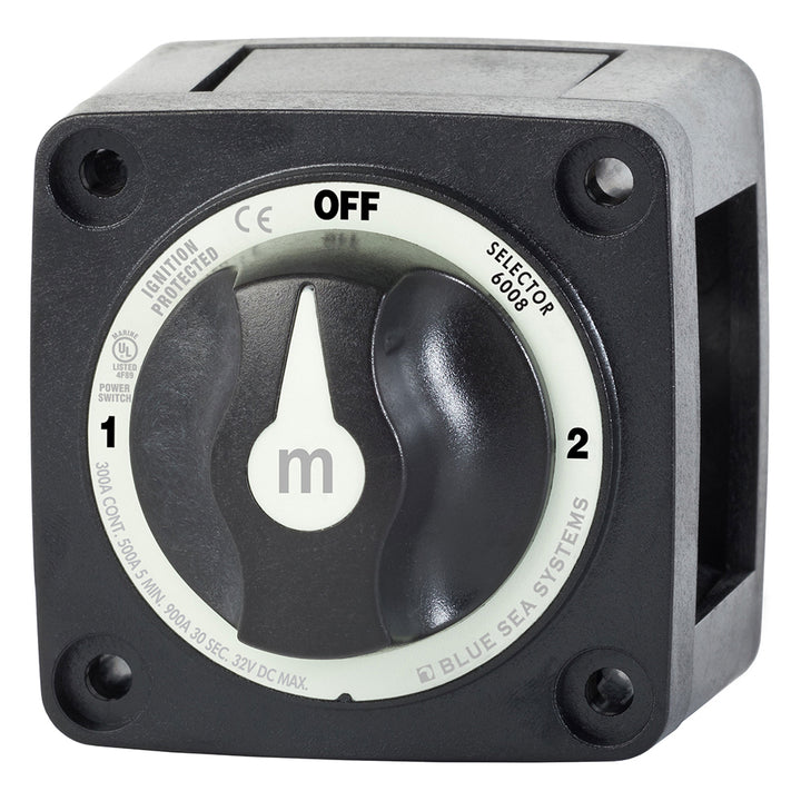 Blue Sea Systems 6008200 m-Series 3-Position Battery Switch in black, used for battery management and switch control.