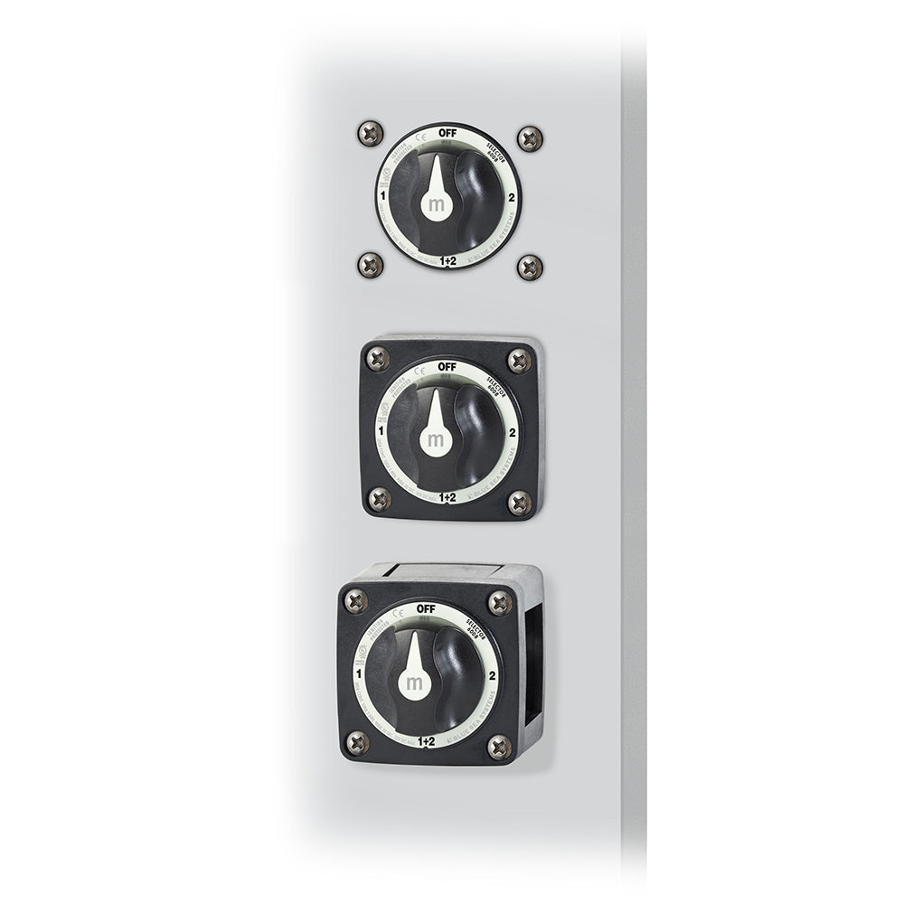 Blue Sea Systems 6008200 m-Series 3-Position Battery Switch in black, used for battery management and switching.