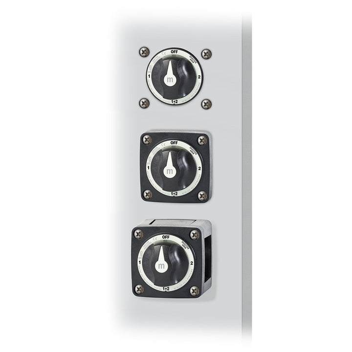 Blue Sea Systems 6008200 m-Series 3-Position Battery Switch in black, used for battery management and switching.