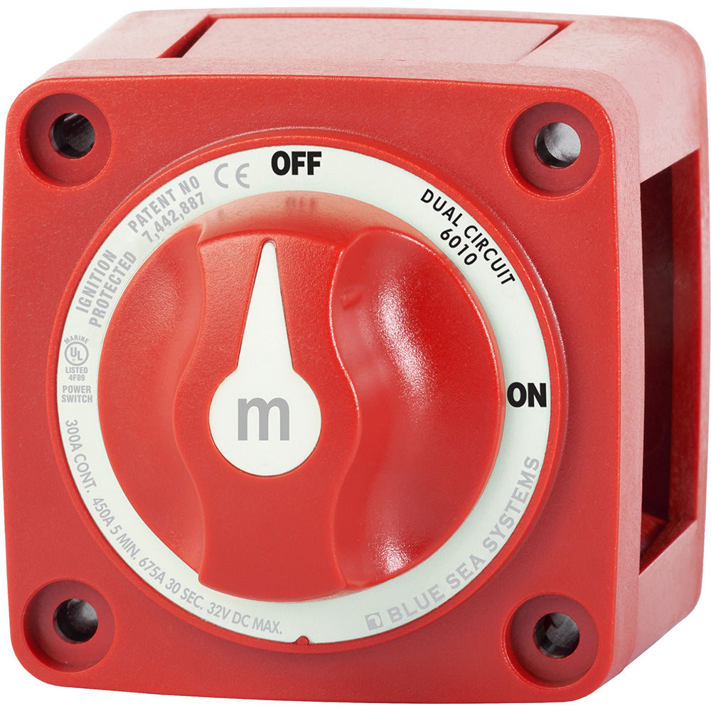 Blue Sea Systems 6010 M-Series Mini Battery Switch Dual Circuit for battery management, shown in a close-up image.