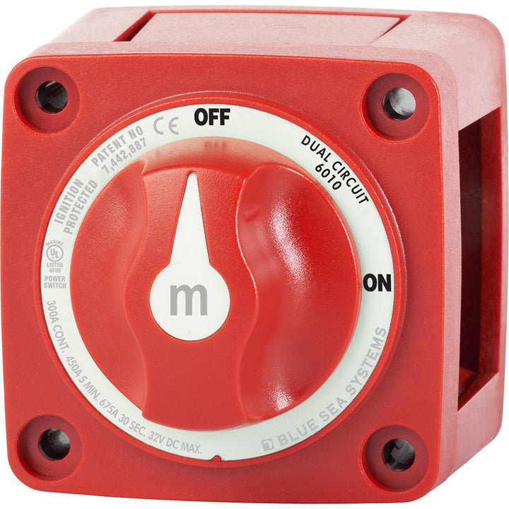 Blue Sea Systems 6010 M-Series Mini Battery Switch Dual Circuit for battery management, shown in a close-up image.