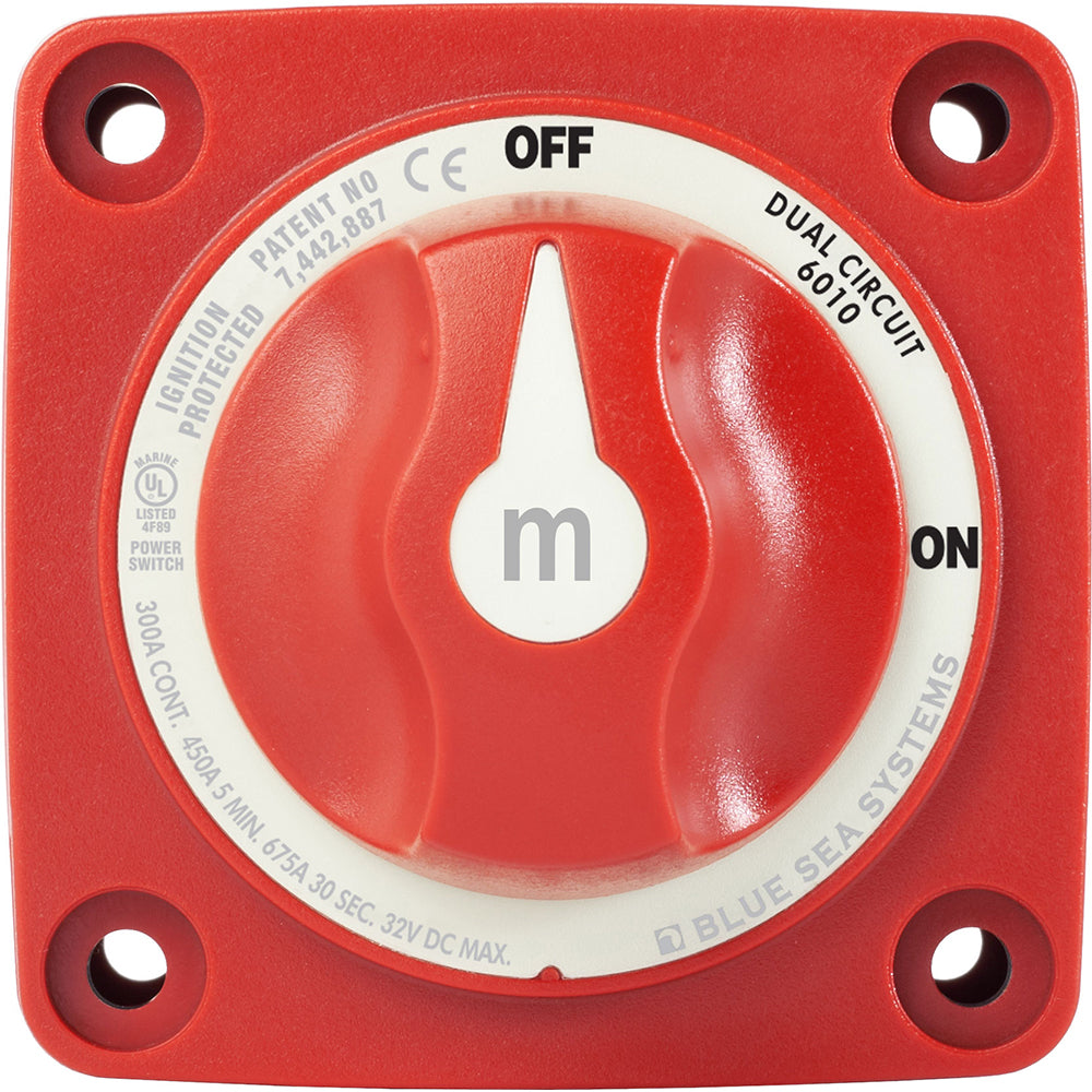 Blue Sea Systems 6010 M-Series Mini Battery Switch Dual Circuit for marine battery management, with blue switch and dual circuit labels.