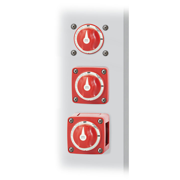 Blue Sea Systems 6010 M-Series Mini Battery Switch Dual Circuit for battery management, showing its compact design and dual circuit setup.