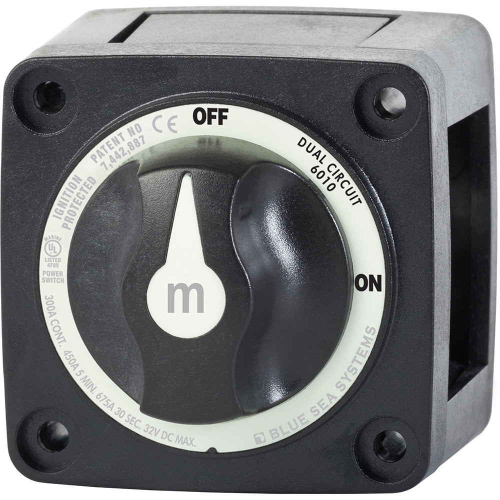 Blue Sea Systems Battery Switch Dual Circuit in black, used for battery management and switching in electrical systems.