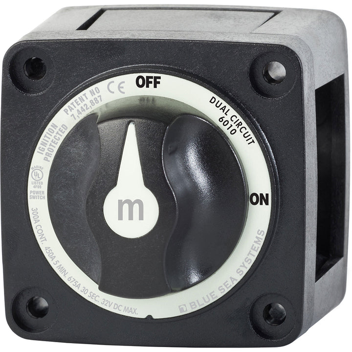 Blue Sea Systems Battery Switch Dual Circuit in black, used for battery management and switching in electrical systems.