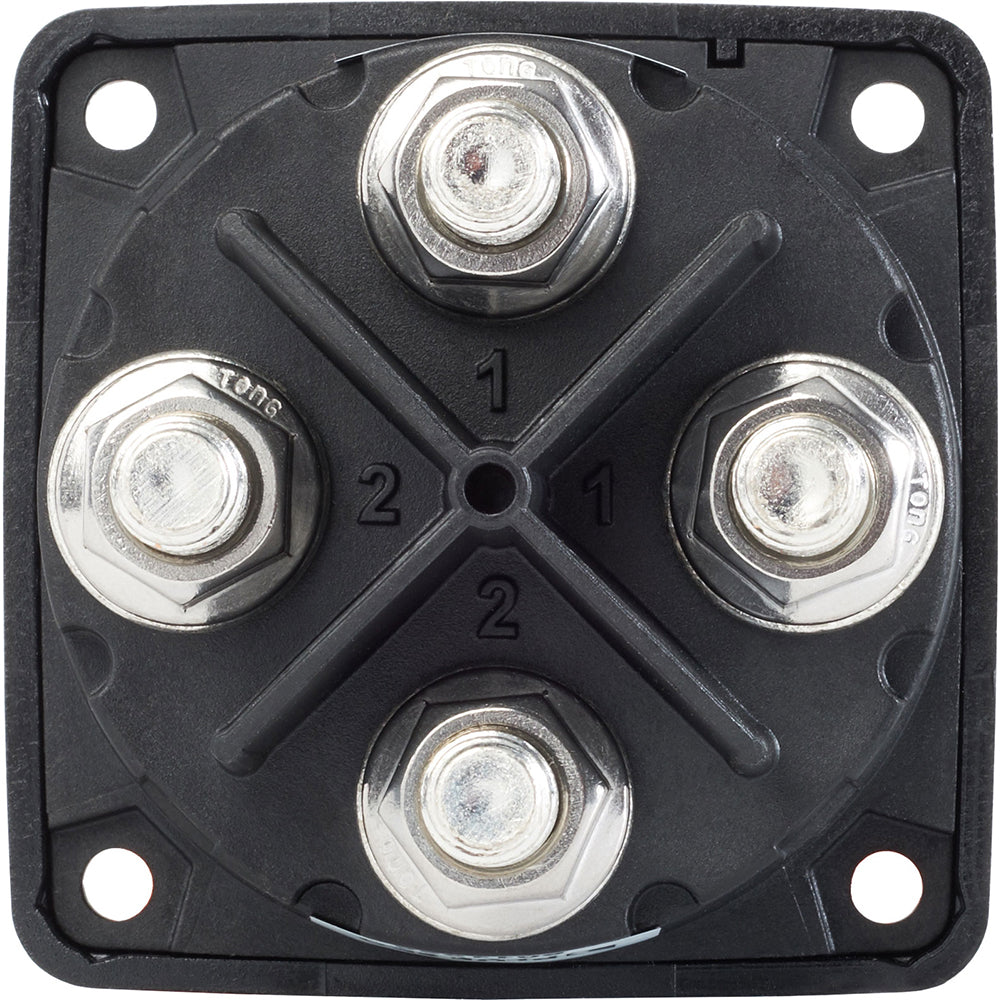 Blue Sea Systems 6010200 dual circuit battery switch in black, used for battery management and switching in marine or RV applications.