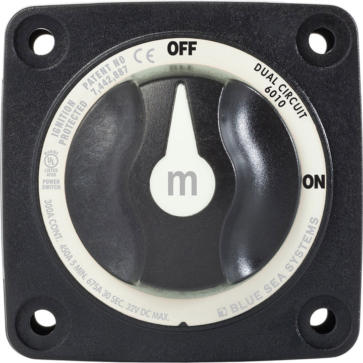 Blue Sea Systems 6010200 dual circuit battery switch in black for marine battery management, with dual circuit controls.