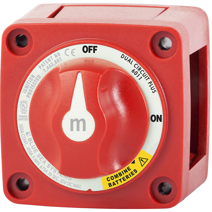 Blue Sea Systems 6011 M-Series Mini Battery Switch Dual Circuit Plus for battery management, black switch with labeled controls.