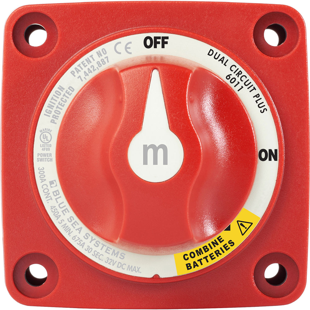 Blue Sea Systems 6011 M-Series Mini Battery Switch Dual Circuit Plus for battery management, shown in a close-up image.