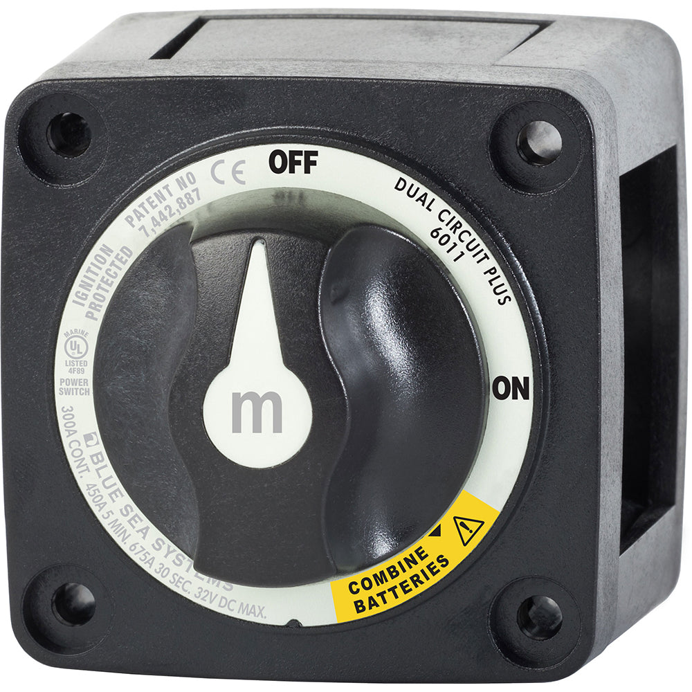 Blue Sea Systems 6011200 m-Series Battery Switch Dual Circuit Plus in black, showing the dual circuit control and black switch housing.