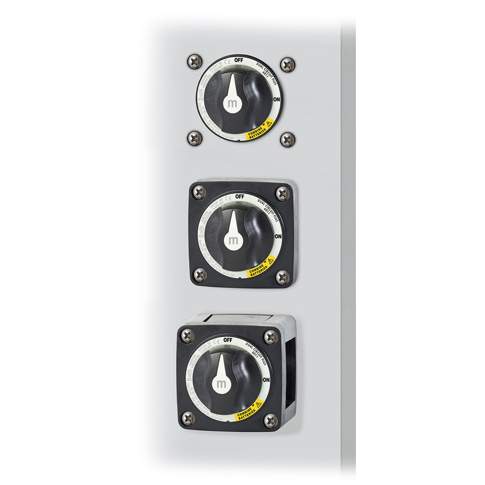 Blue Sea Systems Blue Sea 6011200 M-Series Battery Switch Dual Circuit Plus in black for battery management, showing switch with dual circuit ports.