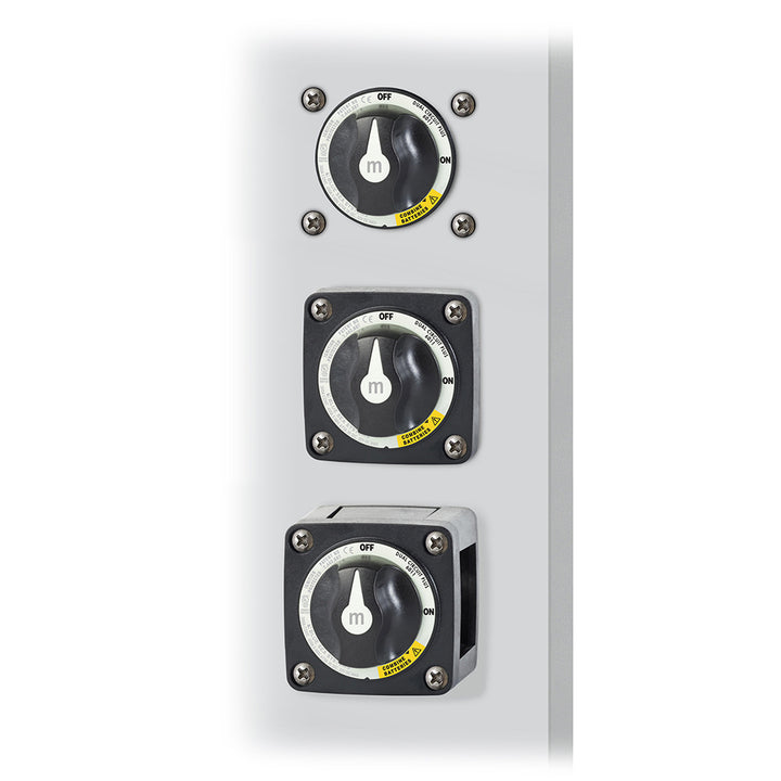 Blue Sea Systems Blue Sea 6011200 M-Series Battery Switch Dual Circuit Plus in black for battery management, showing switch with dual circuit ports.